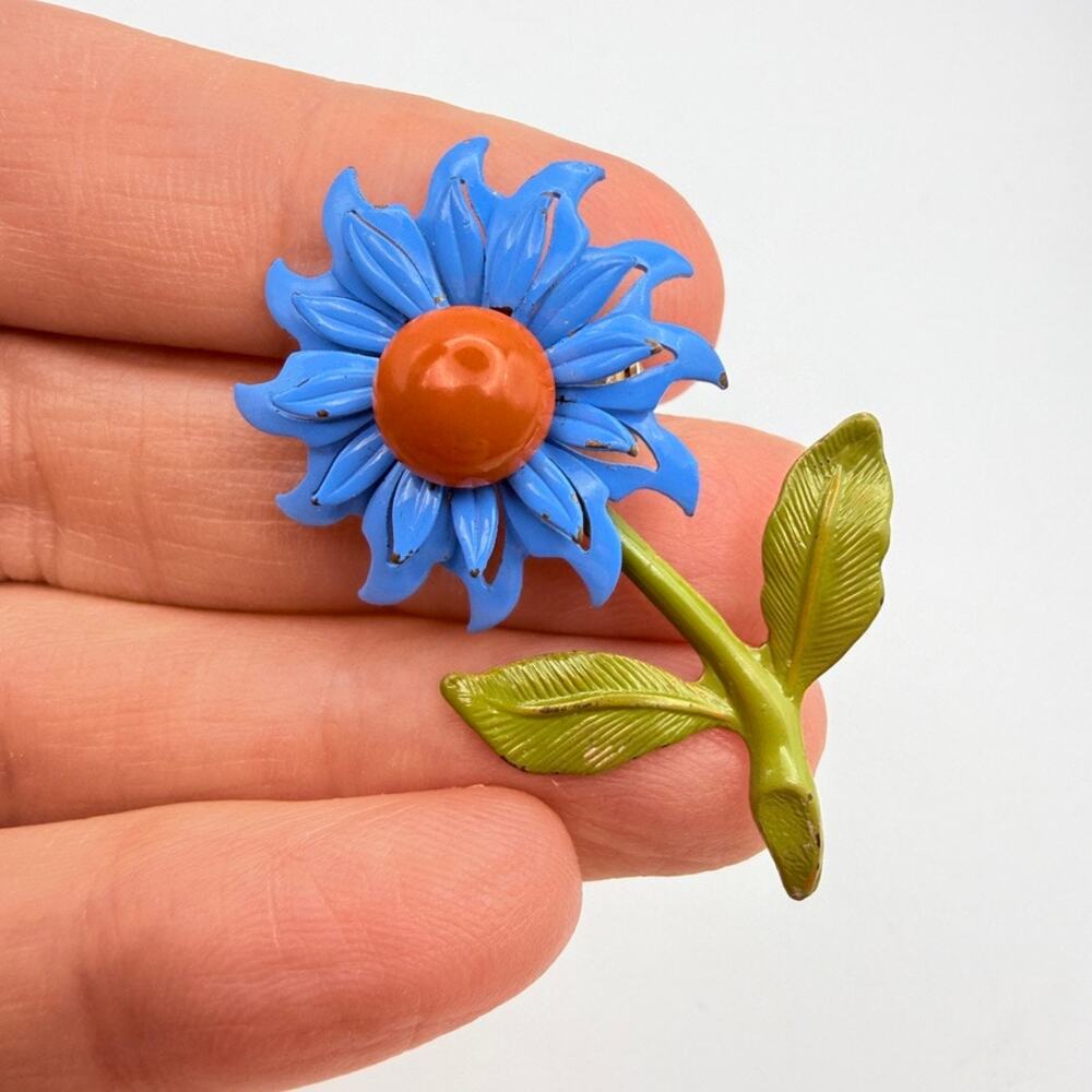 Vintage Enamel Flower Brooch Blue Orange Green Mod Daisy Pin 1960s 1970s